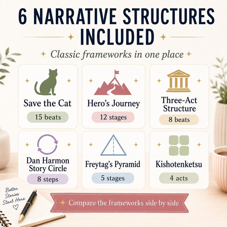 May include: A graphic chart titled 6 NARRATIVE STRUCTURES INCLUDED, featuring six squares with icons and text: Save the Cat 15 beats, Hero's Journey 12 stages, Three-Act Structure 8 beats, Dan Harmon Story Circle 8 steps, Freytag's Pyramid 5 stages, and Kishotenketsu 4 acts.