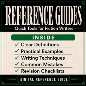 May include: A digital reference guide titled REFERENCE GUIDES Quick Tools for Fiction Writers. The text lists contents including Clear Definitions, Practical Examples, Writing Techniques, Common Mistakes, and Revision Checklists with green checkmarks.