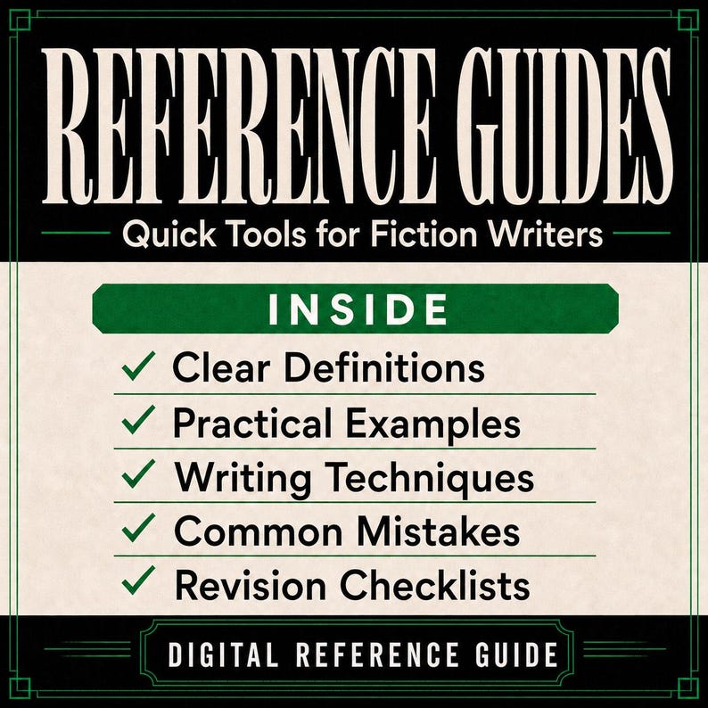 May include: A digital reference guide titled REFERENCE GUIDES Quick Tools for Fiction Writers. The text lists contents including Clear Definitions, Practical Examples, Writing Techniques, Common Mistakes, and Revision Checklists with green checkmarks.