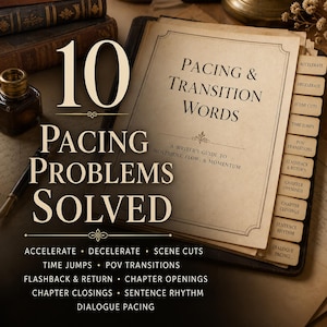 May include: A beige reference guide titled Pacing & Transition Words: A Writer's Guide to Movement, Flow, & Momentum. The book features tabbed dividers labeled Accelerate, Decelerate, Scene Cuts, Time Jumps, POV Transitions, Flashback & Return, Chapter Openings, Chapter Closings, Sentence Rhythm, and Dialogue Pacing.