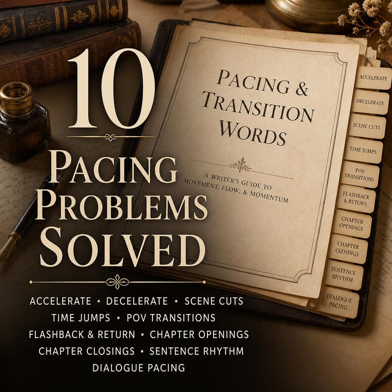 May include: A beige reference guide titled Pacing & Transition Words: A Writer's Guide to Movement, Flow, & Momentum. The book features tabbed dividers labeled Accelerate, Decelerate, Scene Cuts, Time Jumps, POV Transitions, Flashback & Return, Chapter Openings, Chapter Closings, Sentence Rhythm, and Dialogue Pacing.
