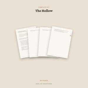 May include: A complete kit titled The Hollow, consisting of 38 pages of printed documents. The set features four white paper sheets arranged in a fan pattern, displaying text and formatting, with the brand name Daelin Creations at the bottom.