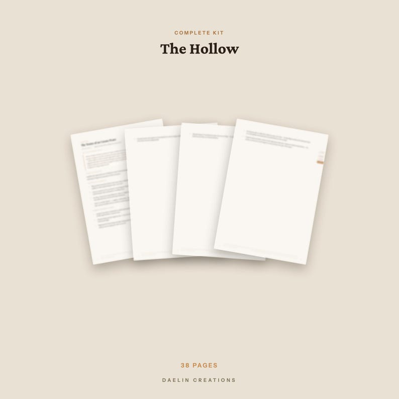 May include: A complete kit titled The Hollow, consisting of 38 pages of printed documents. The set features four white paper sheets arranged in a fan pattern, displaying text and formatting, with the brand name Daelin Creations at the bottom.