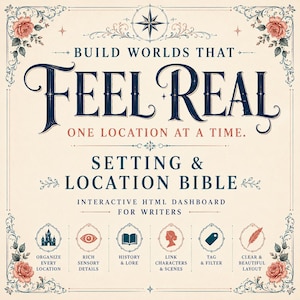 Może przedstawiać: Kremowy interfejs cyfrowego pulpitu nawigacyjnego z tytułem "Build Worlds That Feel Real: One Location At A Time" oraz "Setting & Location Bible". Zawiera ciemnoniebieski i czerwony tekst, kwiatowe obramowania rog&oacute;w oraz sześć ikon do organizowania lokalizacji, szczeg&oacute;ł&oacute;w sensorycznych, historii, postaci, tag&oacute;w i układu.