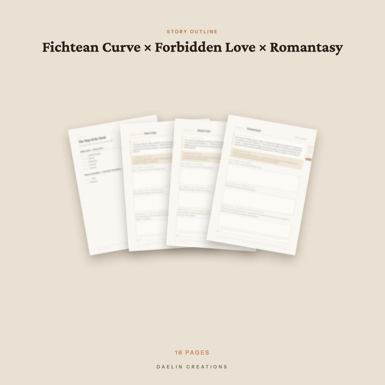 Op de afbeelding: Een set van vier witte vellen papier met een verhaalopzet voor een Fichtean Curve, Forbidden Love en Romantasy project. De pagina's bevatten gestructureerde tekstvelden en koppen. Onderaan staat 16 PAGES en DAELIN CREATIONS.