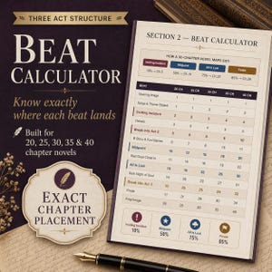 May include: A detailed beat calculator chart for 20, 25, 30, 35, and 40 chapter novels. The chart is divided into sections, including "Inciting Incident," "Midpoint," and "Finale." The text "Beat Calculator" is prominently displayed.