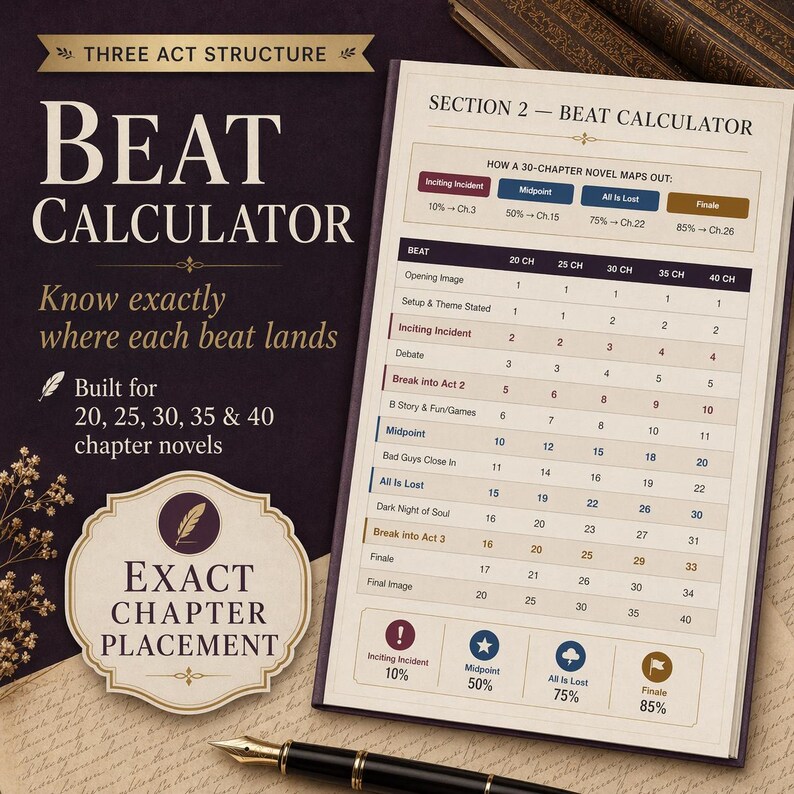 May include: A detailed beat calculator chart for 20, 25, 30, 35, and 40 chapter novels. The chart is divided into sections, including "Inciting Incident," "Midpoint," and "Finale." The text "Beat Calculator" is prominently displayed.