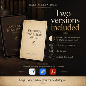 May include: Two digital Dialogue Tags & Beats Guide documents in cream and dark espresso colors. The text includes Daelin Creations, 20 pages per version, A4 format, instant download, and compatibility with GoodNotes, Notability, and Adobe Acrobat.