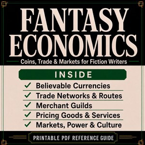May include: A printable PDF reference guide titled Fantasy Economics: Coins, Trade & Markets for Fiction Writers. The text lists contents including Believable Currencies, Trade Networks & Routes, Merchant Guilds, Pricing Goods & Services, and Markets, Power & Culture.