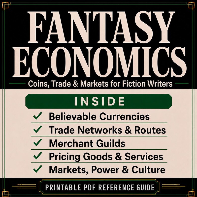 May include: A printable PDF reference guide titled Fantasy Economics: Coins, Trade & Markets for Fiction Writers. The text lists contents including Believable Currencies, Trade Networks & Routes, Merchant Guilds, Pricing Goods & Services, and Markets, Power & Culture.