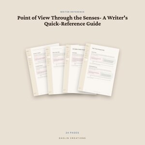 Op de afbeelding: Een 24-pagina tellende schrijversgids getiteld Point of View Through the Senses- A Writer's Quick-Reference Guide door Daelin Creations. Het document toont vier overlappende witte pagina's met donkere tekst op een effen beige achtergrond.