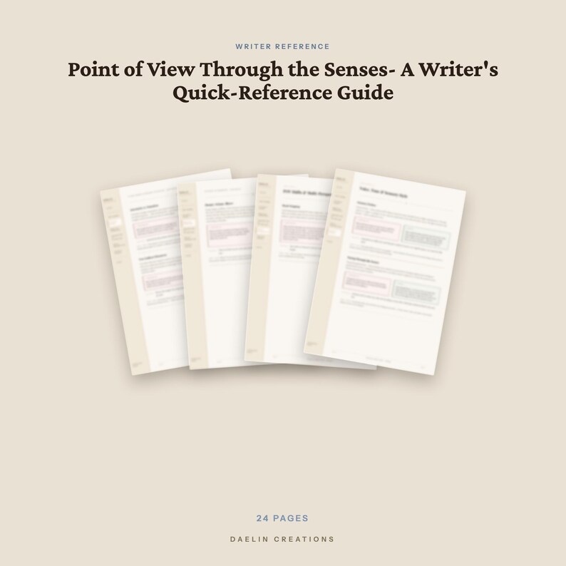Op de afbeelding: Een 24-pagina tellende schrijversgids getiteld Point of View Through the Senses- A Writer's Quick-Reference Guide door Daelin Creations. Het document toont vier overlappende witte pagina's met donkere tekst op een effen beige achtergrond.