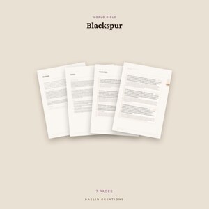 Op de afbeelding: Een set van zeven witte papieren pagina's getiteld World Bible Blackspur door Daelin Creations. De pagina's bevatten gedrukte tekst in een donker lettertype, waaiervormig gerangschikt tegen een effen lichtbeige achtergrond met gestructureerde inhoud.