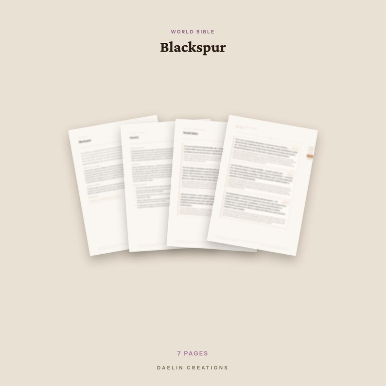 Op de afbeelding: Een set van zeven witte papieren pagina's getiteld World Bible Blackspur door Daelin Creations. De pagina's bevatten gedrukte tekst in een donker lettertype, waaiervormig gerangschikt tegen een effen lichtbeige achtergrond met gestructureerde inhoud.