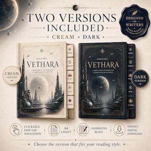 May include: Two digital planners titled Vethara World Bible, one in cream and one in dark blue. Each cover features a futuristic city, a large planet, and text reading World Bible Vethara, A World Built On Cognition, A Story Built On Captivity. Includes side tabs for navigation.
