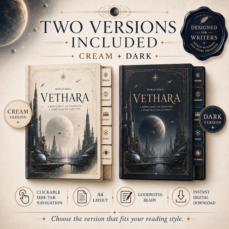 May include: Two digital planners titled Vethara World Bible, one in cream and one in dark blue. Each cover features a futuristic city, a large planet, and text reading World Bible Vethara, A World Built On Cognition, A Story Built On Captivity. Includes side tabs for navigation.