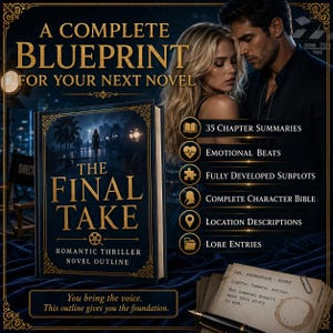 以下が含まれることがあります： ロマンチック・スリラー小説のアウトラインである「The Final Take」のブックカバー。カバーは、金色のアクセントと金色の文字でタイトルが書かれた濃い青色の背景が特徴です。画像にはカップルと「A Complete Blueprint for Your Next Novel」というテキストが含まれています。