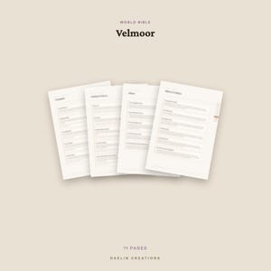May include: Four white paper pages with black text arranged in a fan shape. The top text reads World Bible Velmoor. The bottom text reads 11 PAGES DAELIN CREATIONS. The pages contain lists and headers with blurred content on a light beige background.