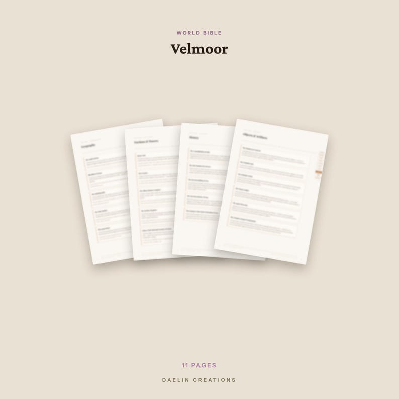 May include: Four white paper pages with black text arranged in a fan shape. The top text reads World Bible Velmoor. The bottom text reads 11 PAGES DAELIN CREATIONS. The pages contain lists and headers with blurred content on a light beige background.