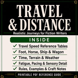 May include: A printable PDF reference guide titled TRAVEL & DISTANCE: Realistic Journeys for Fiction Writers. The text lists contents including travel speed reference tables, foot, horse, ship, wagon, time, terrain, weather, fatigue, pacing, and craft notes.
