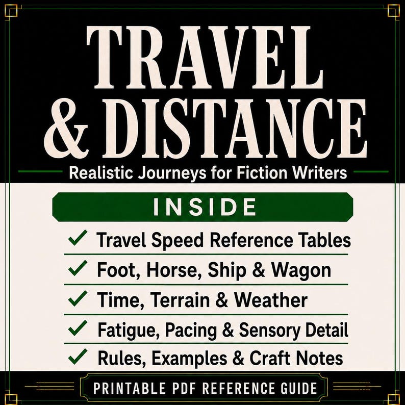 May include: A printable PDF reference guide titled TRAVEL & DISTANCE: Realistic Journeys for Fiction Writers. The text lists contents including travel speed reference tables, foot, horse, ship, wagon, time, terrain, weather, fatigue, pacing, and craft notes.