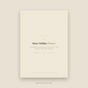 May include: A beige digital story outline planner with dark text. The title reads Story Outline Planner, followed by text about a beat-by-beat skeleton for a story, Fichtean Curve, Mafia, Young Adult, 14 chapters, Goodnotes Ready, and Daelin Creations.