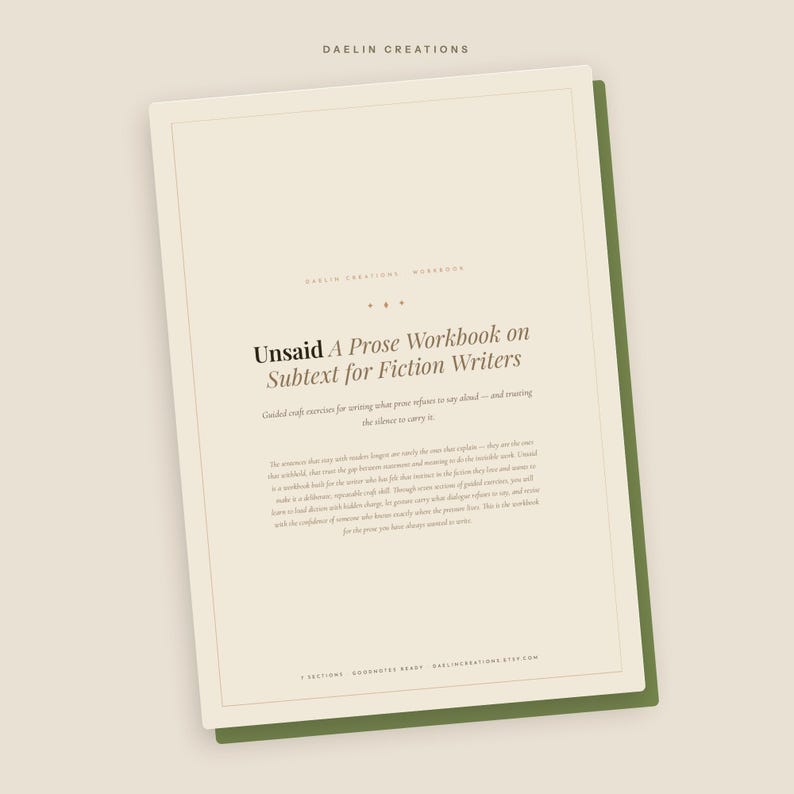 Puede incluir: Un libro de ejercicios de color crema titulado Unsaid: A Prose Workbook on Subtext for Fiction Writers de Daelin Creations. La portada presenta tipograf&iacute;a negra con y sin remates, texto descriptivo y un borde fino sobre un fondo verde oliva.