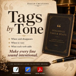May include: A PDF reference guide for fiction writers titled Tags by Tone, featuring a black book titled Dialogue Tags & Beats, a fountain pen, and icons for GoodNotes, Notability, and Adobe Acrobat on a vintage-style paper background.