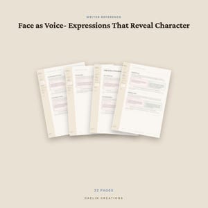 Puede incluir: Un conjunto de cuatro documentos de papel blanco titulados Writer Reference: Face as Voice- Expressions That Reveal Character. Las p&aacute;ginas presentan dise&ntilde;os de texto estructurados con encabezados y vi&ntilde;etas. El texto inferior dice 22 PAGES y DAELIN CREATIONS.