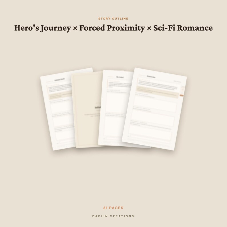 May include: A 21-page story outline template for a Hero's Journey, Forced Proximity, and Sci-Fi Romance. The document features white pages with structured sections, headings, and text fields, presented against a solid light beige background.