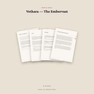 Op de afbeelding: Vier witte pagina's van een document getiteld World Bible Vethara &mdash; The Embervast, met gedrukte tekst. Onderaan de afbeelding staat de tekst 8 PAGES en DAELIN CREATIONS in een donker lettertype op een lichtbeige achtergrond.