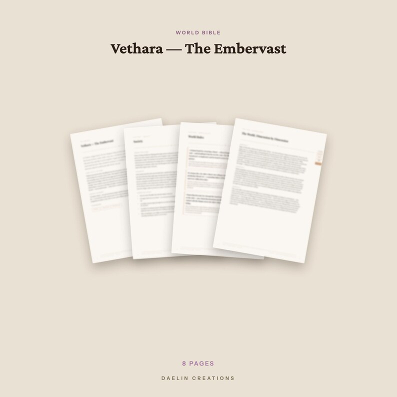 Op de afbeelding: Vier witte pagina's van een document getiteld World Bible Vethara &mdash; The Embervast, met gedrukte tekst. Onderaan de afbeelding staat de tekst 8 PAGES en DAELIN CREATIONS in een donker lettertype op een lichtbeige achtergrond.
