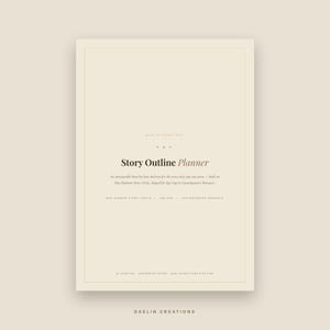 Op de afbeelding: Een beige digitale Story Outline Planner-pagina met de tekst: Story Outline Planner, An announceable beat-by-beat skeleton for the story only you can write&mdash;built on Dan Harmon Story Circle, shaped for Age Gap in Contemporary Romance.