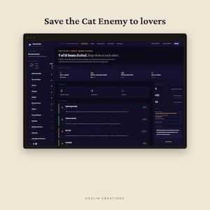 May include: A digital software interface titled Save the Cat Enemy to lovers, featuring a dark blue dashboard with organized writing beats, progress tracking, and structured plot points for story development by Daelin Creations.