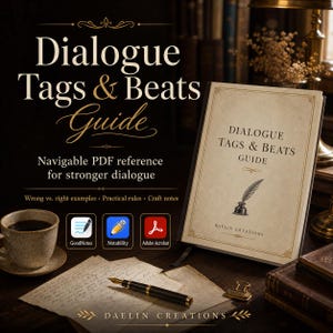 Può includere: Un libro intitolato "Dialogue Tags & Beats Guide" con un'illustrazione di penna. La guida è un riferimento PDF navigabile per un dialogo più forte. Altri elementi includono una tazza di caffè, una penna e icone per GoodNotes, Notability e Adobe Acrobat.