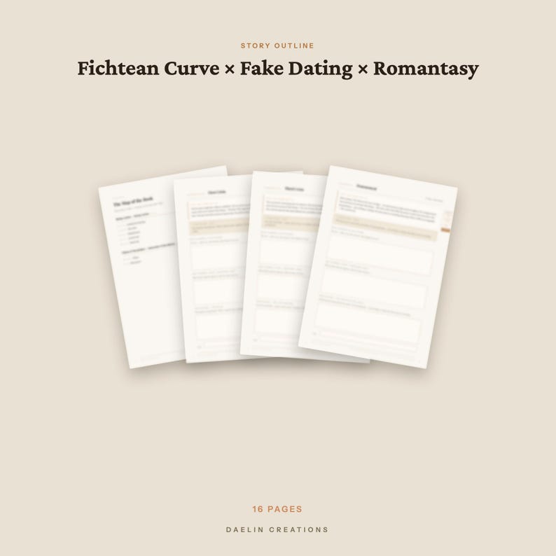 Op de afbeelding: Een set van vier witte vellen papier met een verhaalopzet voor een Fichtean Curve, Fake Dating en Romantasy project. De tekst bevat de kop STORY OUTLINE en de voettekst 16 PAGES DAELIN CREATIONS. De pagina's bevatten gestructureerde velden.