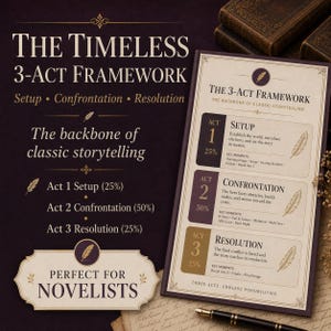 May include: A graphic with the text "The Timeless 3-Act Framework" and "The backbone of classic storytelling." The framework is divided into Setup, Confrontation, and Resolution. The graphic is designed for novelists.