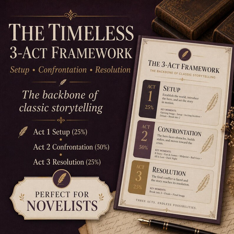 May include: A graphic with the text "The Timeless 3-Act Framework" and "The backbone of classic storytelling." The framework is divided into Setup, Confrontation, and Resolution. The graphic is designed for novelists.
