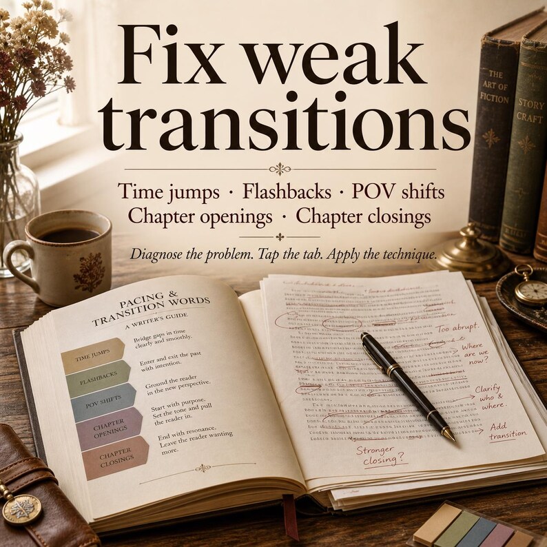 May include: An open book titled Pacing & Transition Words with a black fountain pen resting on the page. The text reads Fix weak transitions, Time jumps, Flashbacks, POV shifts, Chapter openings, Chapter closings, and Diagnose the problem.