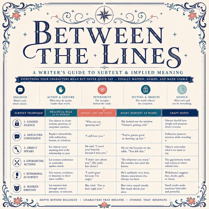 May include: A cream-colored educational poster titled BETWEEN THE LINES: A WRITER'S GUIDE TO SUBTEXT & IMPLIED MEANING. It features a dark blue decorative border and a table outlining six subtext techniques with practical rules and examples.