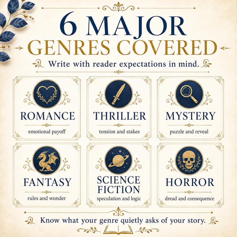 May include: An educational chart titled 6 MAJOR GENRES COVERED with the subtitle Write with reader expectations in mind. It displays six circular icons representing Romance, Thriller, Mystery, Fantasy, Science Fiction, and Horror with text.