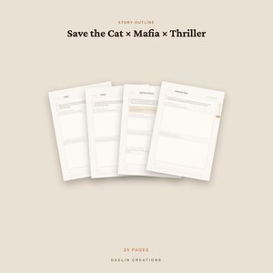 May include: A digital story outline template featuring four overlapping white pages with light gray text and lines. The header reads STORY OUTLINE Save the Cat x Mafia x Thriller. The bottom text indicates 25 PAGES and DAELIN CREATIONS.