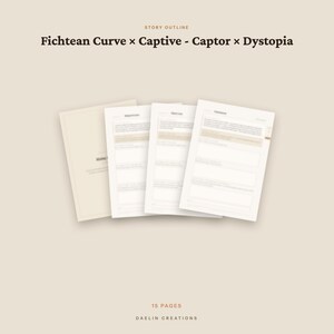 K&ouml;nnte beinhalten: Ein 15-seitiges Story-Outline-Dokument mit dem Titel Fichtean Curve x Captive - Captor x Dystopia von Daelin Creations. Das Set enth&auml;lt ein Deckblatt und drei Innenseiten mit strukturierten Abschnitten, gedruckt in schwarzer Schrift auf beigem Grund.