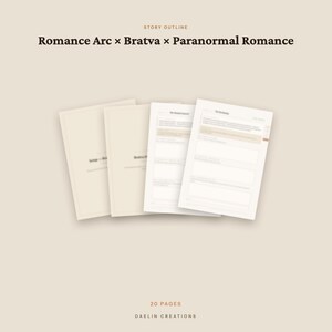 May include: A 20-page story outline document titled Romance Arc x Bratva x Paranormal Romance by Daelin Creations. The document features a series of stacked, light-coloured pages with printed text and structured sections for organising narrative elements.