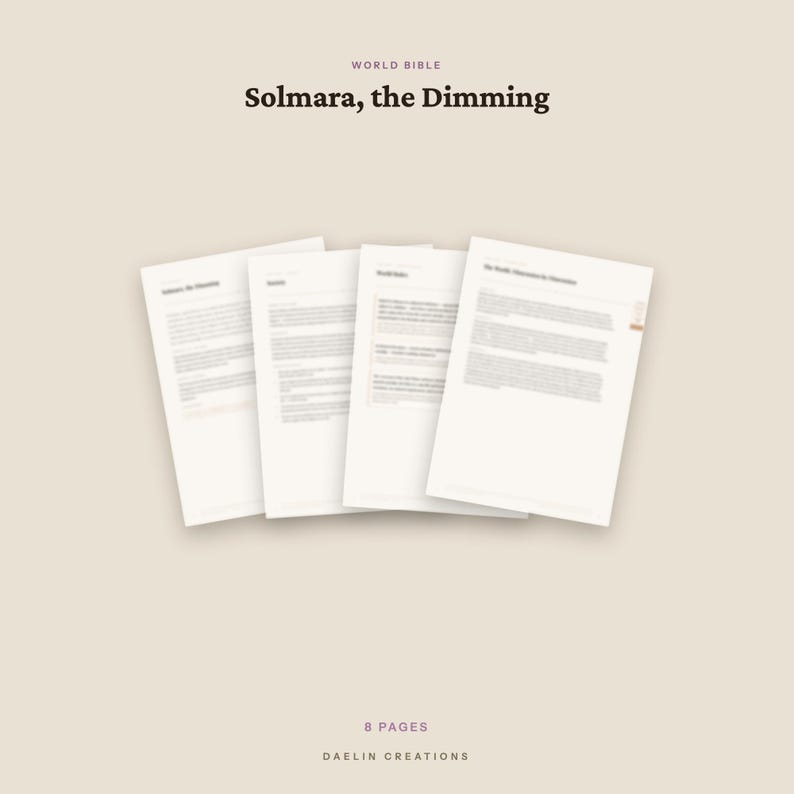 Pu&ograve; includere: Un set di quattro documenti in carta bianca intitolati World Bible Solmara, the Dimming, con testo nero su sfondo beige chiaro. Le pagine sono disposte a ventaglio, mostrando contenuti stampati e il testo 8 PAGES DAELIN CREATIONS.