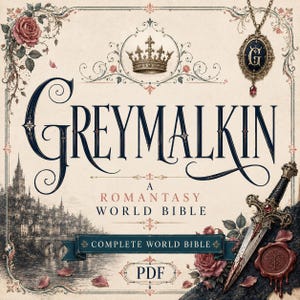 K&ouml;nnte beinhalten: Ein digitales Buchcover mit dem Titel GREYMALKIN A ROMANTASY WORLD BIBLE COMPLETE WORLD BIBLE PDF. Das Design zeigt eine Krone, einen Anh&auml;nger mit dem Buchstaben G, einen Dolch, ein Wachssiegel und Rosenillustrationen auf cremefarbenem Grund.