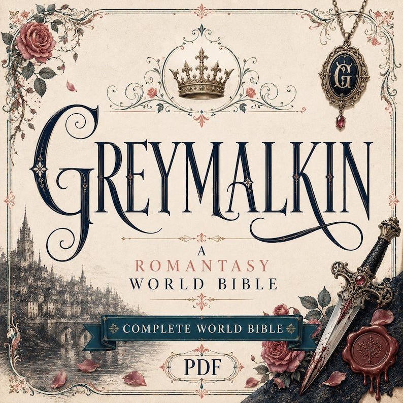 K&ouml;nnte beinhalten: Ein digitales Buchcover mit dem Titel GREYMALKIN A ROMANTASY WORLD BIBLE COMPLETE WORLD BIBLE PDF. Das Design zeigt eine Krone, einen Anh&auml;nger mit dem Buchstaben G, einen Dolch, ein Wachssiegel und Rosenillustrationen auf cremefarbenem Grund.