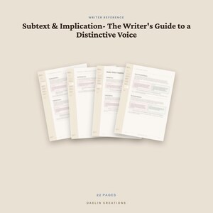K&ouml;nnte beinhalten: Ein 22-seitiger Schreibratgeber mit dem Titel Subtext & Implication- The Writer's Guide to a Distinctive Voice von Daelin Creations. Das Dokument besteht aus vier &uuml;berlappenden wei&szlig;en Seiten mit dunklem Text und hellbeigen Akzenten.