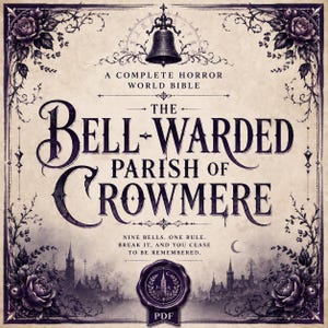 May include: A square book cover titled The Bell-Warded Parish of Crowmere, A Complete Horror World Bible. The design features a central bell icon, dark floral borders, and a silhouette of a town. Text reads: Nine bells. One rule. Break it, and you cease to be remembered. A purple wax seal with a PDF label is at the bottom.