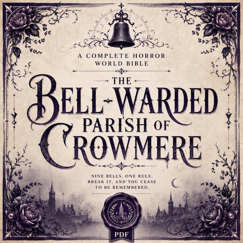 May include: A square book cover titled The Bell-Warded Parish of Crowmere, A Complete Horror World Bible. The design features a central bell icon, dark floral borders, and a silhouette of a town. Text reads: Nine bells. One rule. Break it, and you cease to be remembered. A purple wax seal with a PDF label is at the bottom.